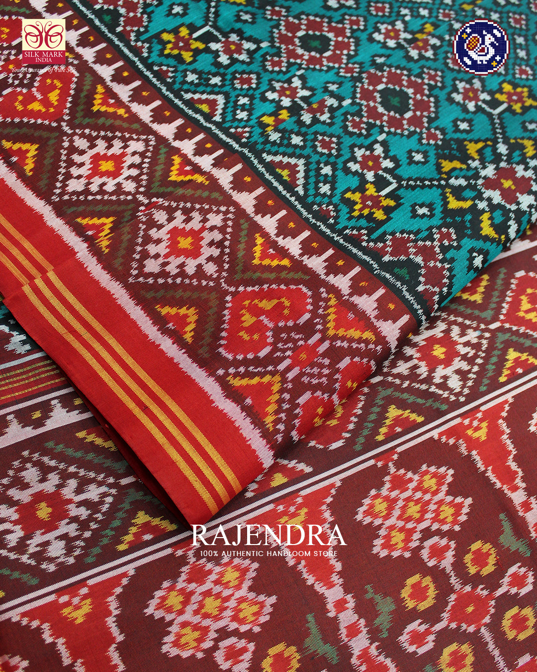 Traditional Navratna Design Red and Green Ikat Rajkot Patola Saree