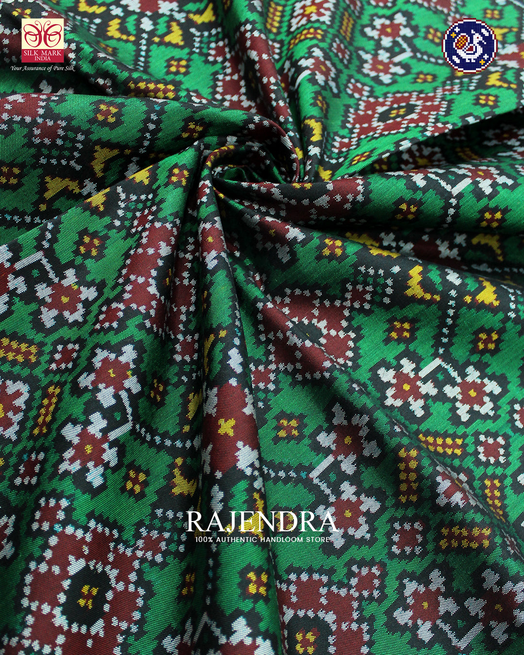 Traditional Navratna Design Red and Green Ikat Rajkot Patola Saree