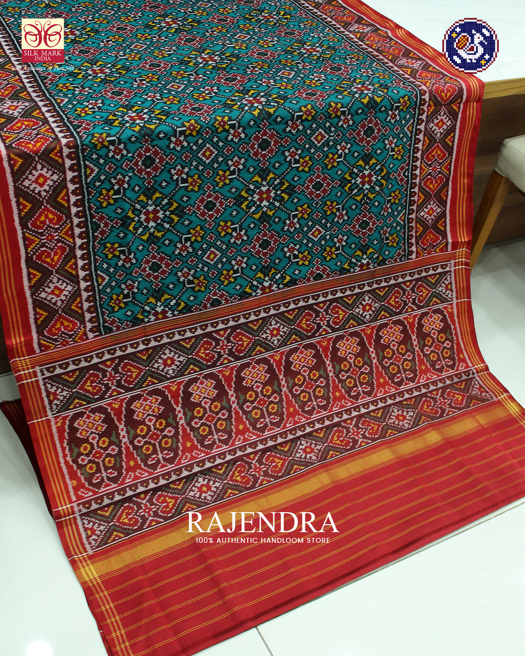 Traditional Navratna Design Red and Green Ikat Rajkot Patola Saree