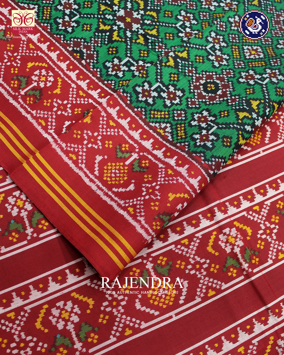 Traditional Navratna Design Red and Green Ikat Rajkot Patola Saree