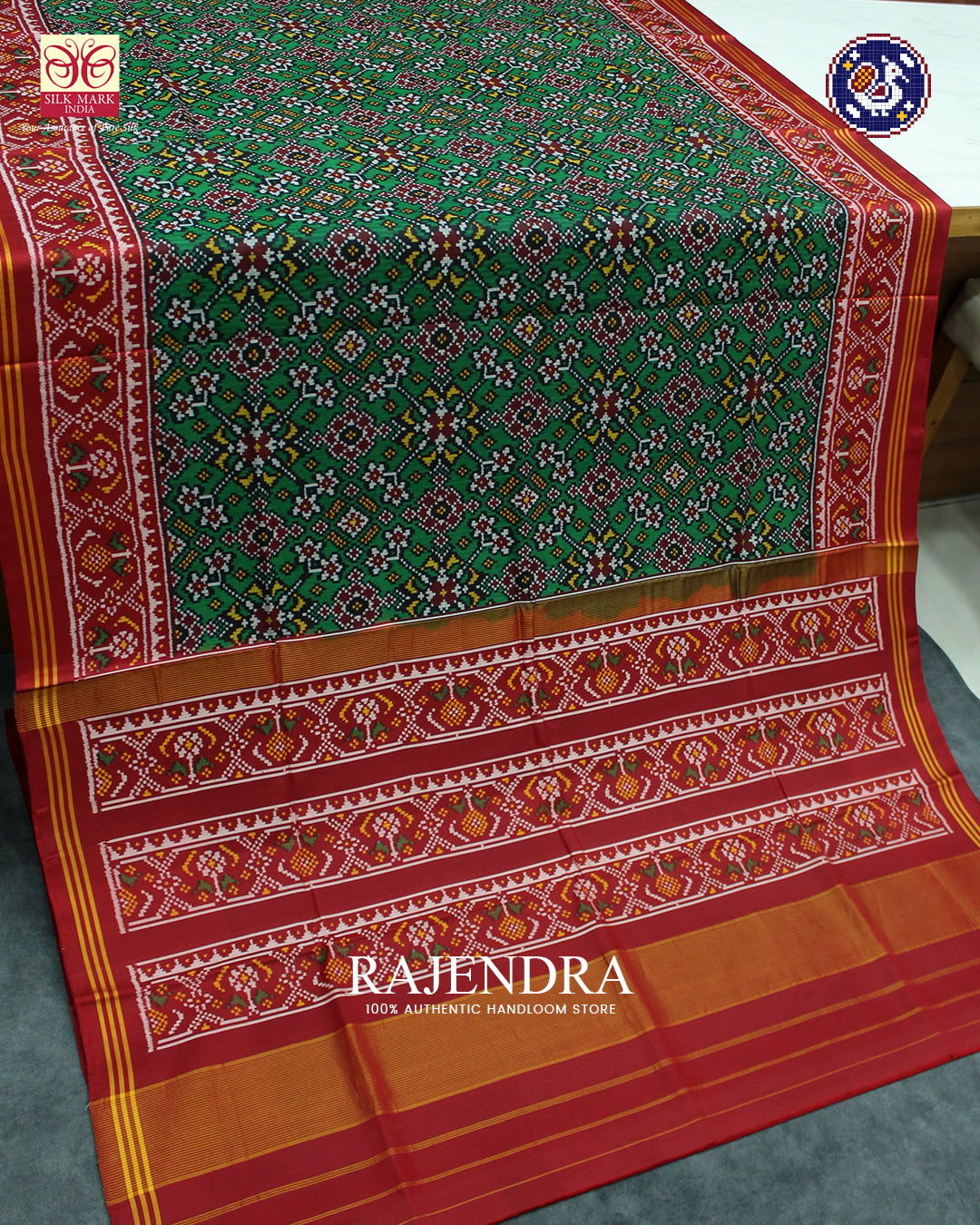 Traditional Navratna Design Red and Green Ikat Rajkot Patola Saree