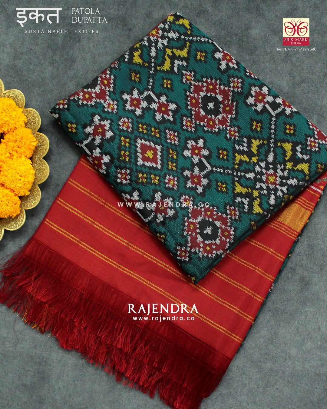 Traditional Navratna Red and Green Semi Double Ikat Rajkot Patola Dupatta