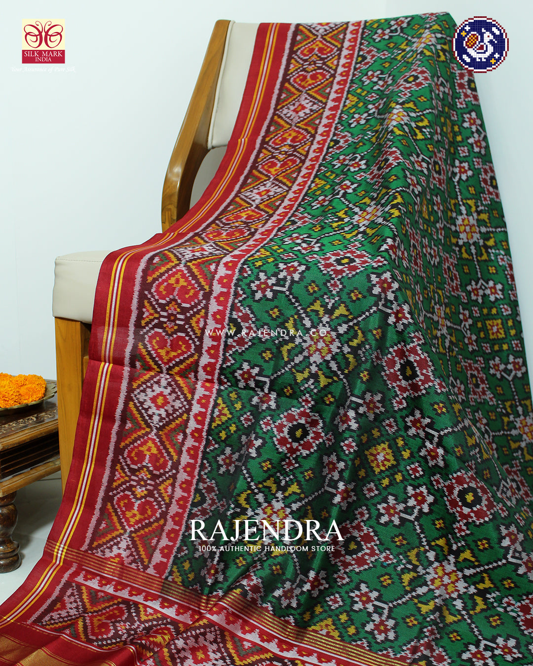 Traditional Navratna Design Red and Green Ikat Rajkot Patola Dupatta