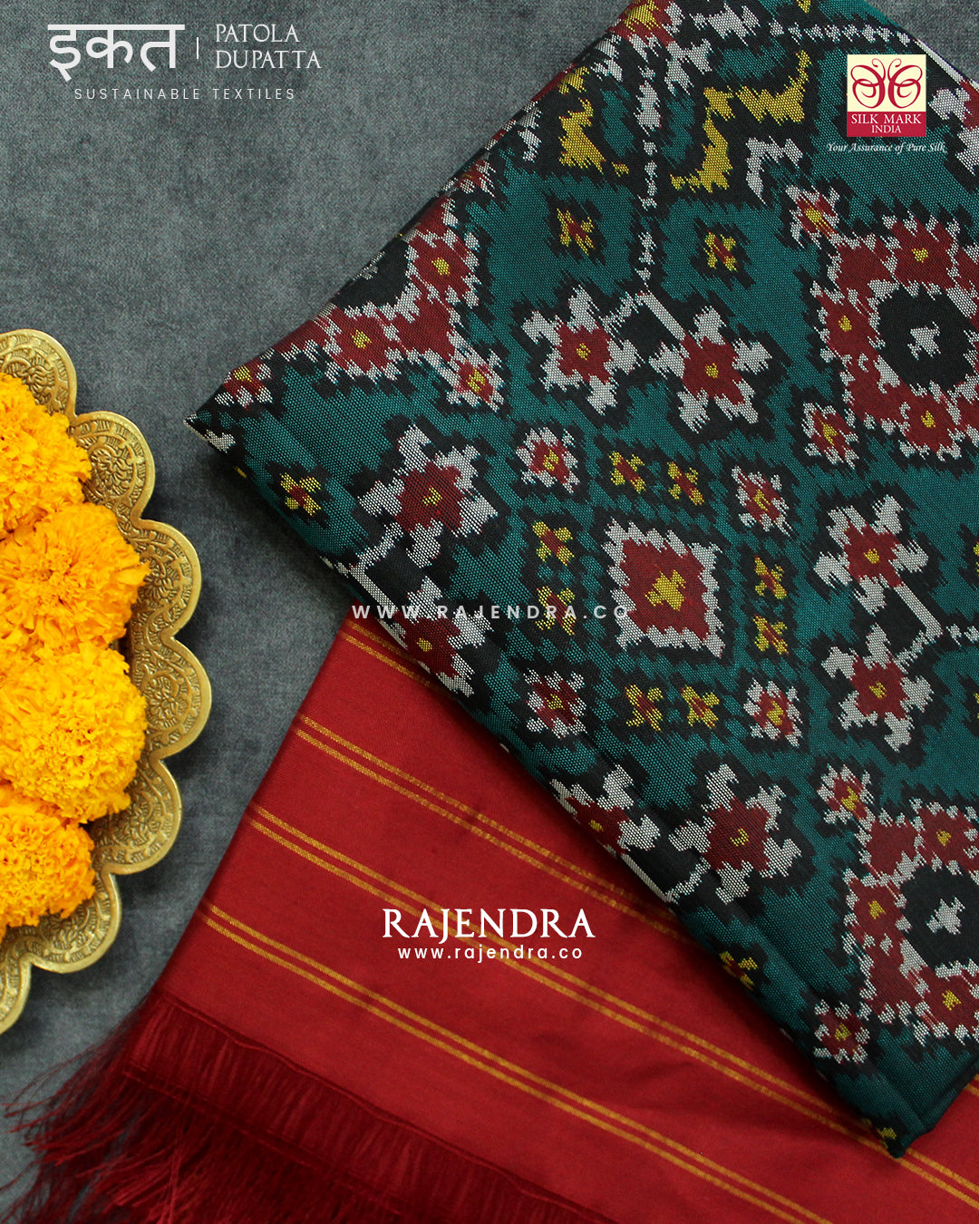 Traditional Navratna Red and Green Semi Double Ikat Rajkot Patola Dupatta