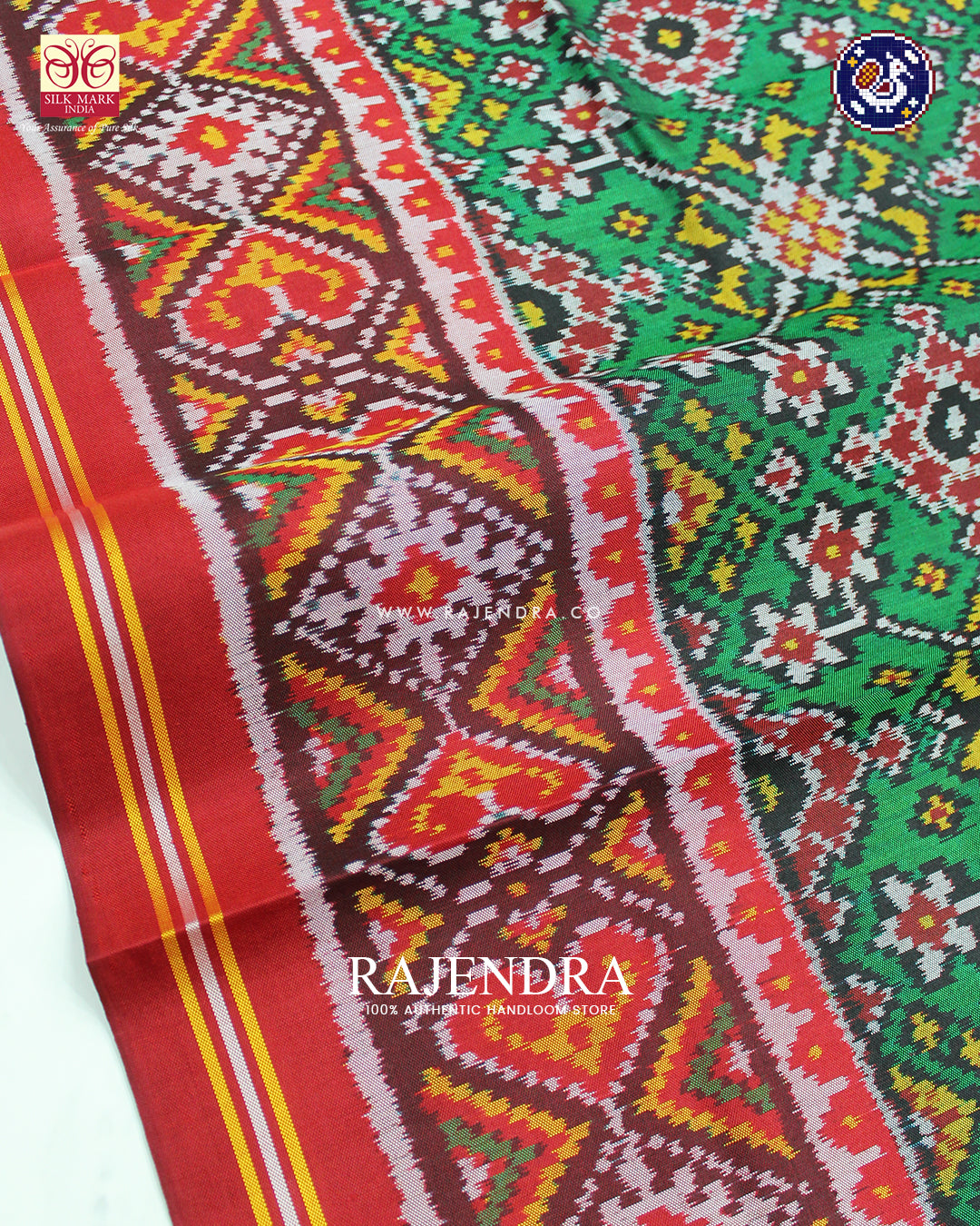 Traditional Navratna Design Red and Green Ikat Rajkot Patola Dupatta