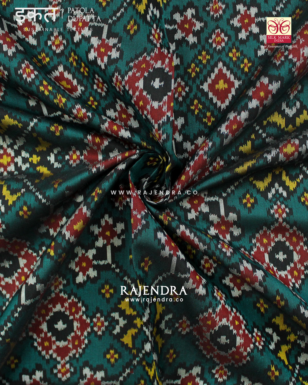 Traditional Navratna Red and Green Semi Double Ikat Rajkot Patola Dupatta