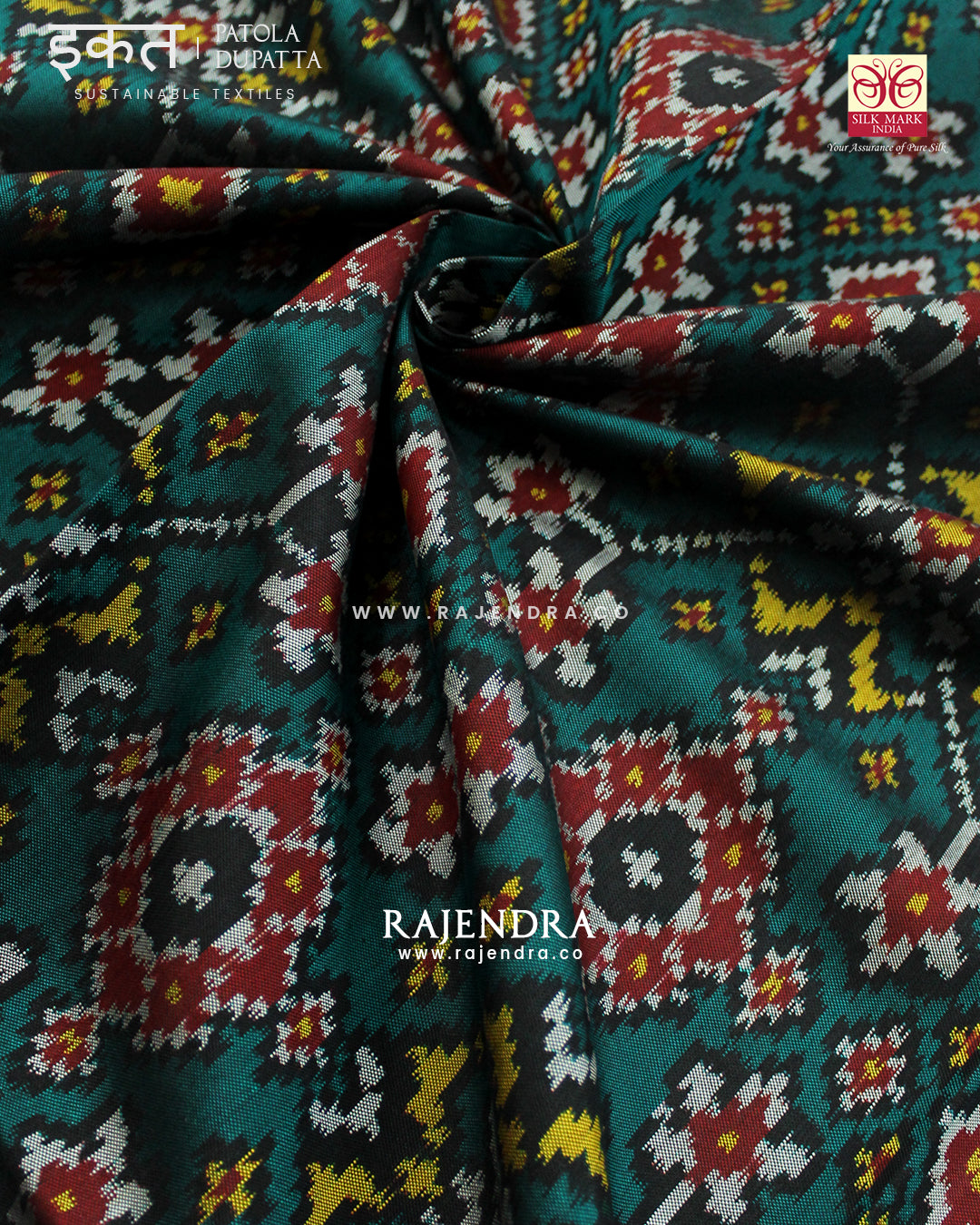 Traditional Navratna Red and Green Semi Double Ikat Rajkot Patola Dupatta