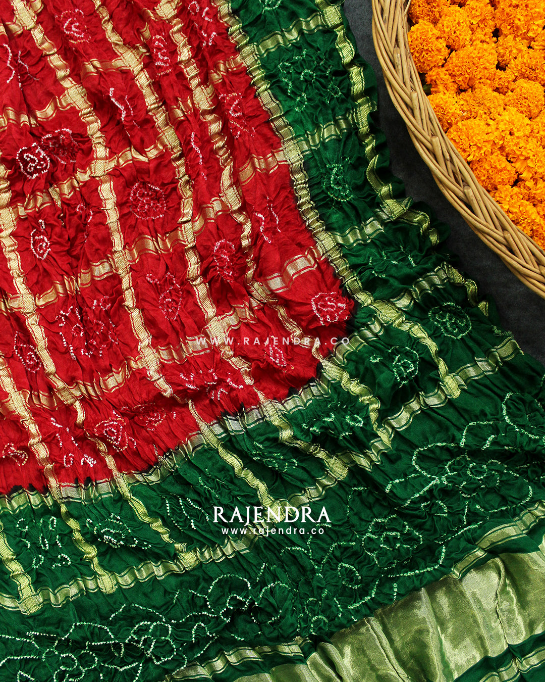 Traditional Red and Green Pure Gaji Silk Gharchola Bandhani Dupatta