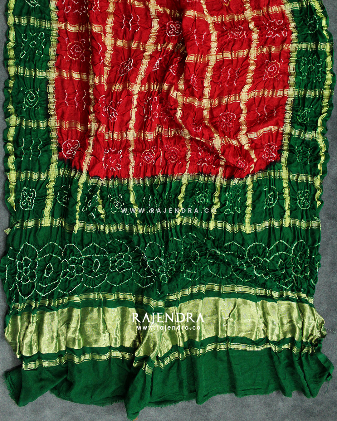 Traditional Red and Green Pure Gaji Silk Gharchola Bandhani Dupatta