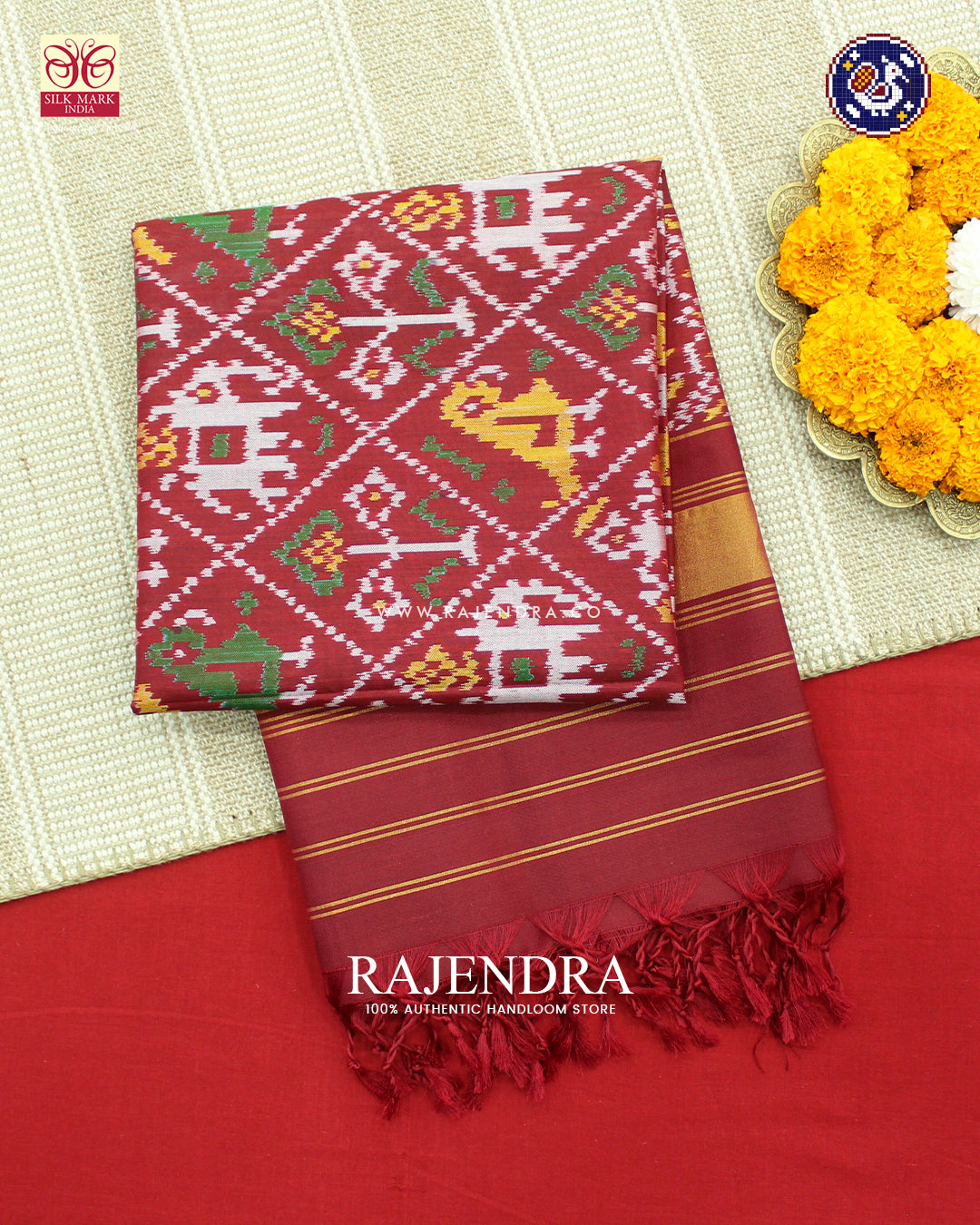 Exclusive Hathi Popat Design Red Ikat Rajkot Patola Dupatta