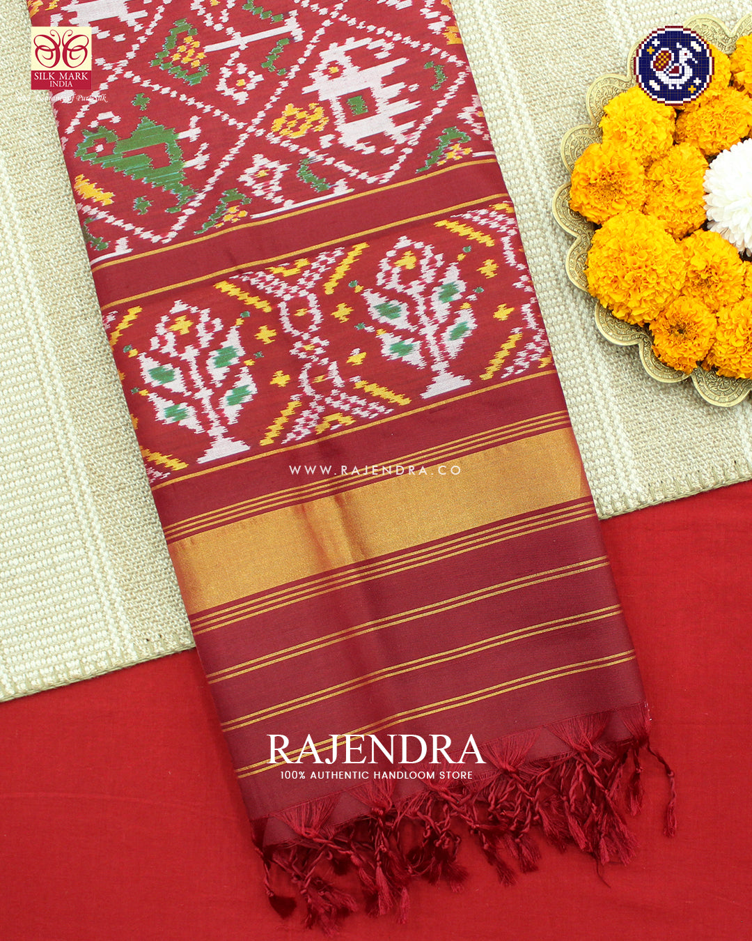 Exclusive Hathi Popat Design Red Ikat Rajkot Patola Dupatta