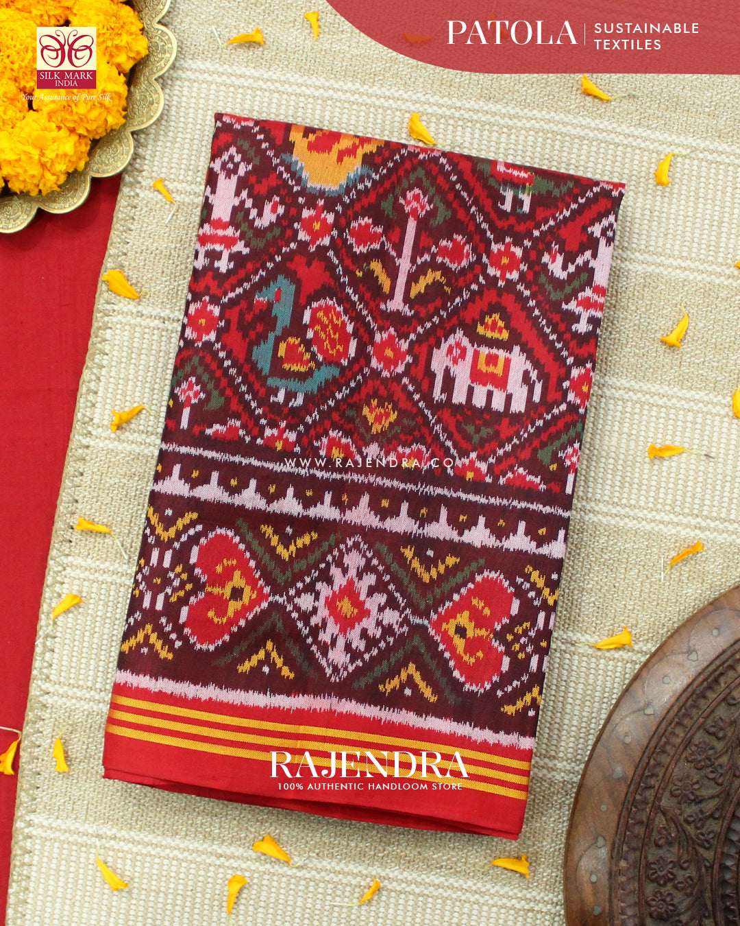 Traditional Hathi Popat Design Red Ikat Rajkot Patola Saree