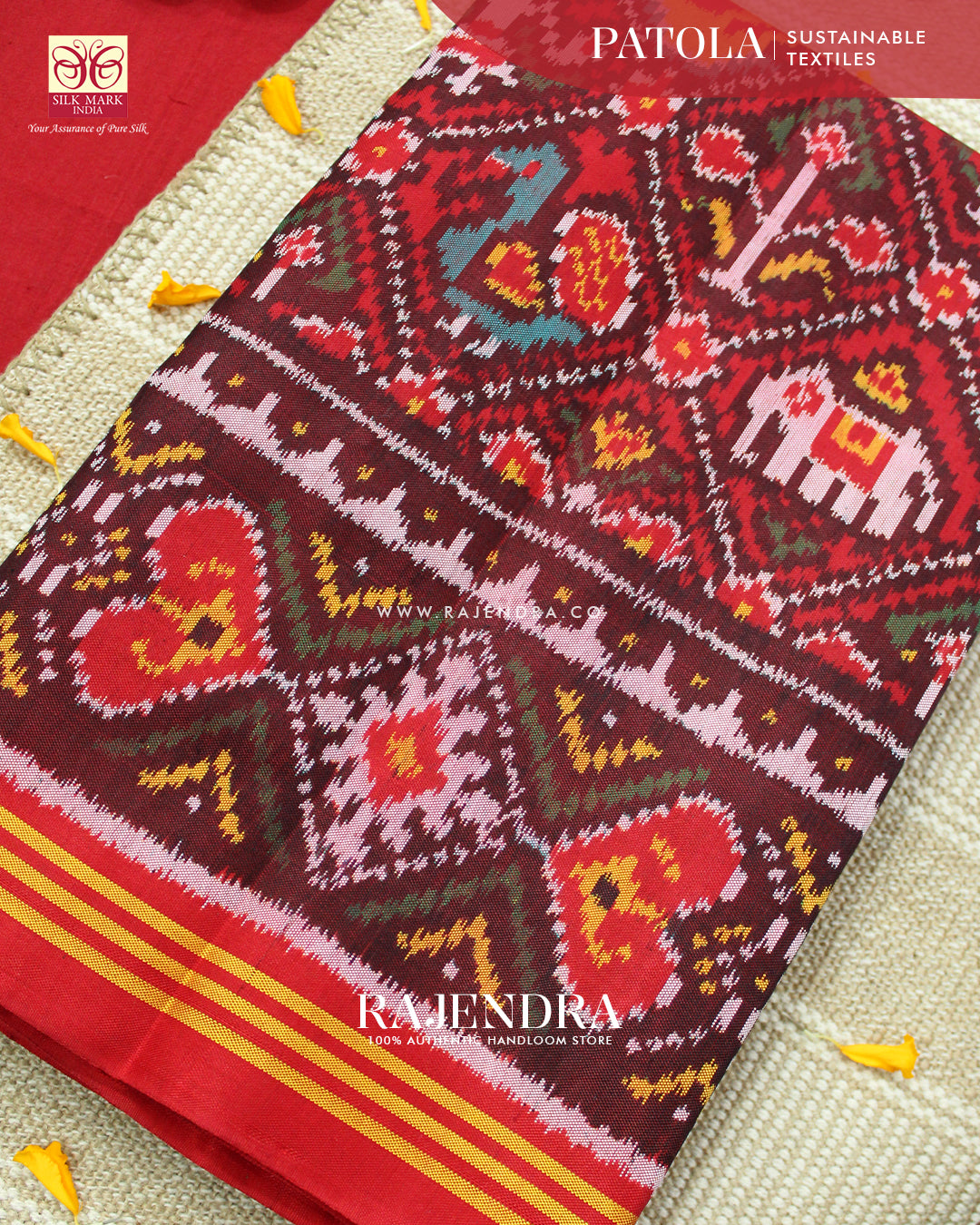 Traditional Hathi Popat Design Red Ikat Rajkot Patola Saree