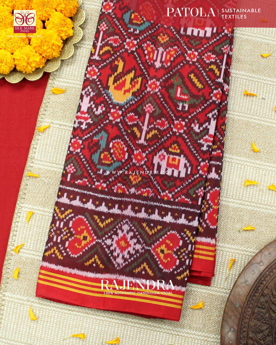 Traditional Hathi Popat Design Red Ikat Rajkot Patola Saree