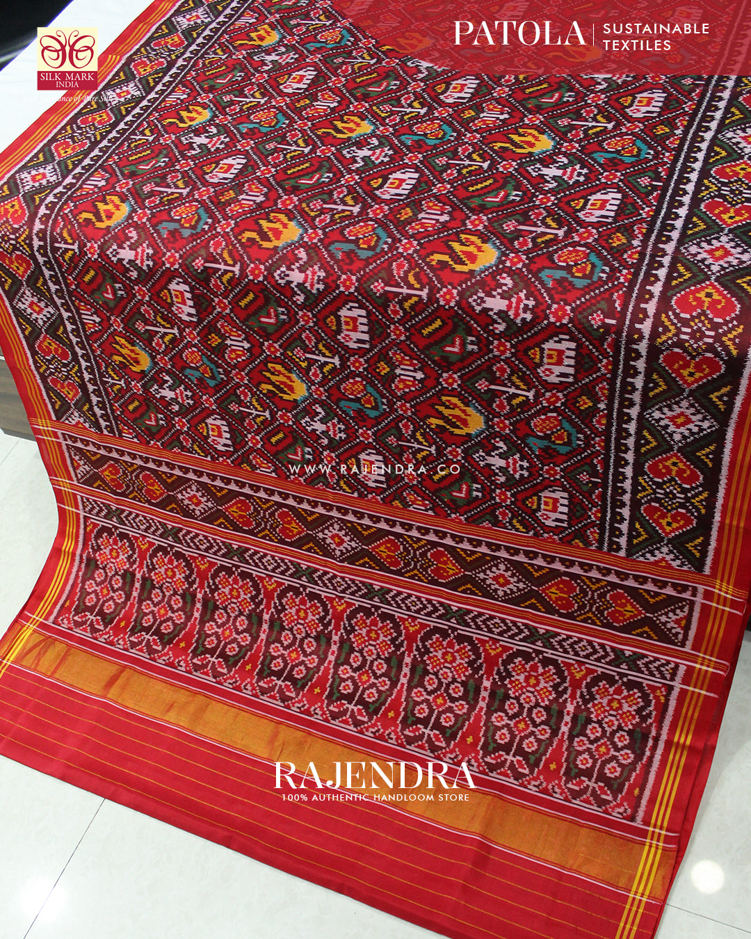 Traditional Hathi Popat Design Red Ikat Rajkot Patola Saree