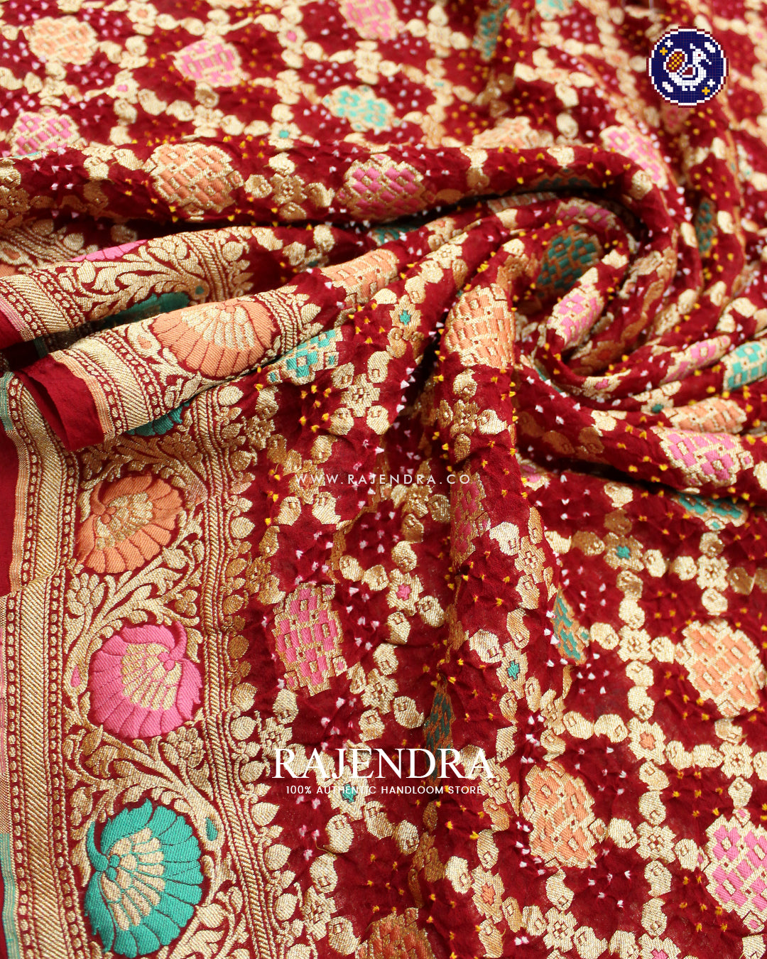 Traditional Meenakari Maroonish Red Pure Georgette Banarasi Bandhani Saree