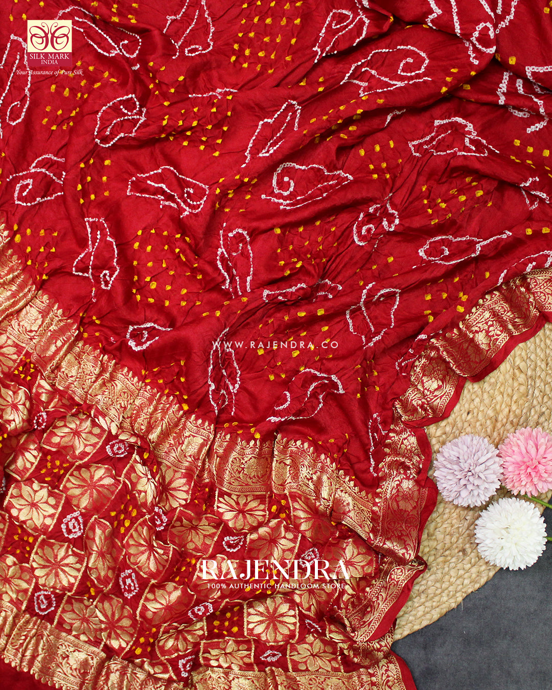 Traditional Nakshi Border Red Pure Gaji Silk Bandhani Saree
