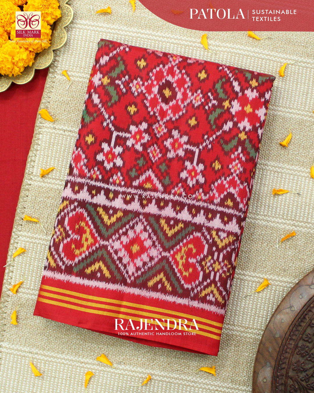 Traditional Navratna Design Red Ikat Rajkot Patola Saree