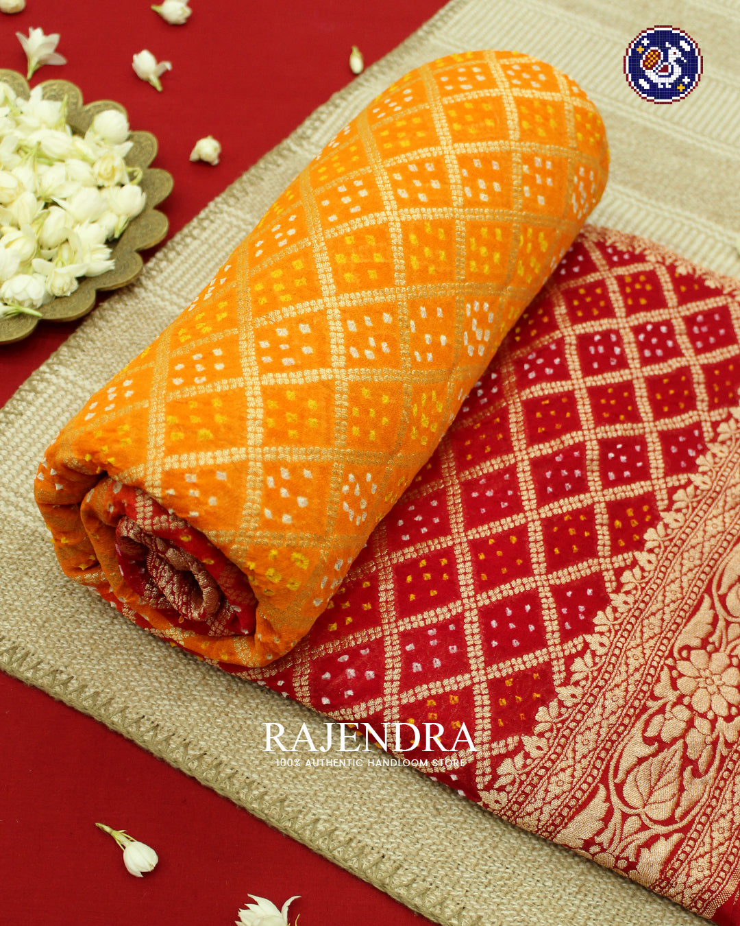Traditional Khadi Georgette Red Orange Banarasi Bandhani Saree
