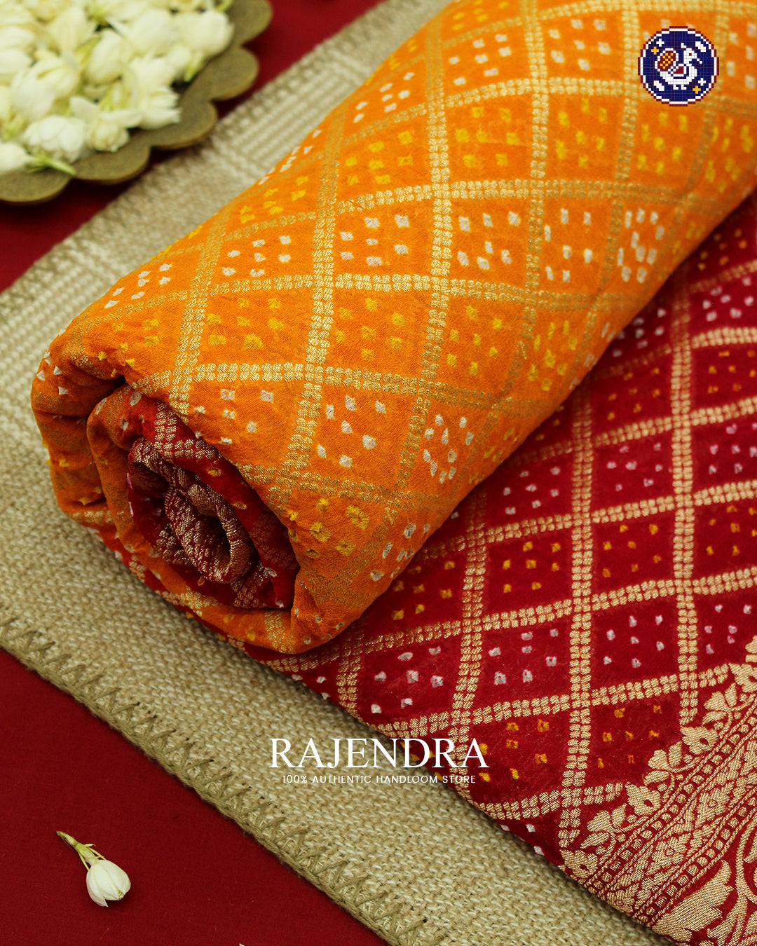 Traditional Khadi Georgette Red Orange Banarasi Bandhani Saree