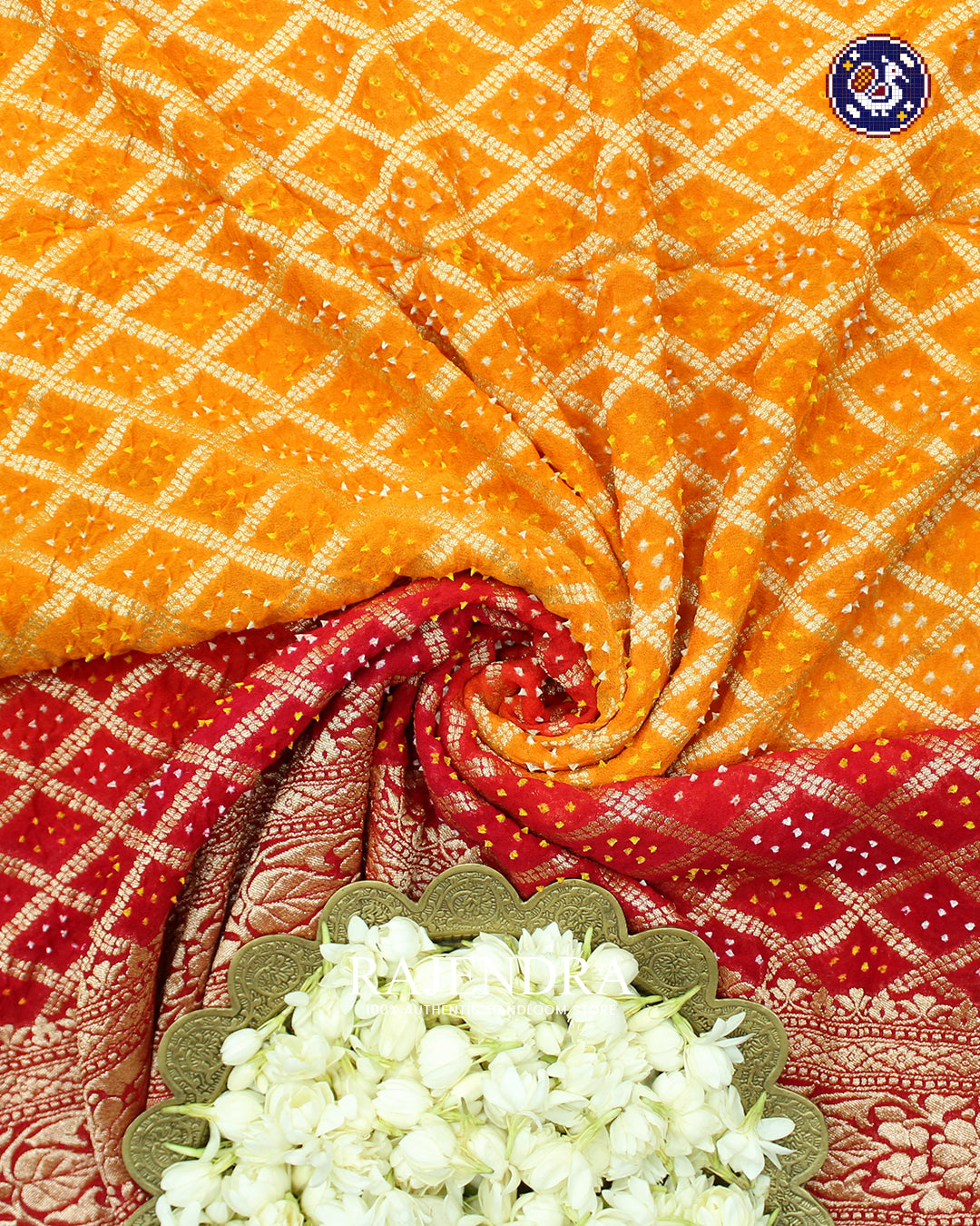 Traditional Khadi Georgette Red Orange Banarasi Bandhani Saree