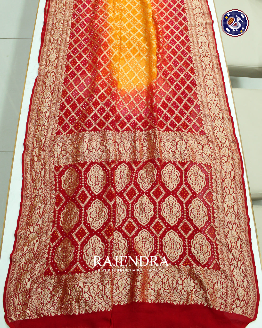 Traditional Khadi Georgette Red Orange Banarasi Bandhani Saree