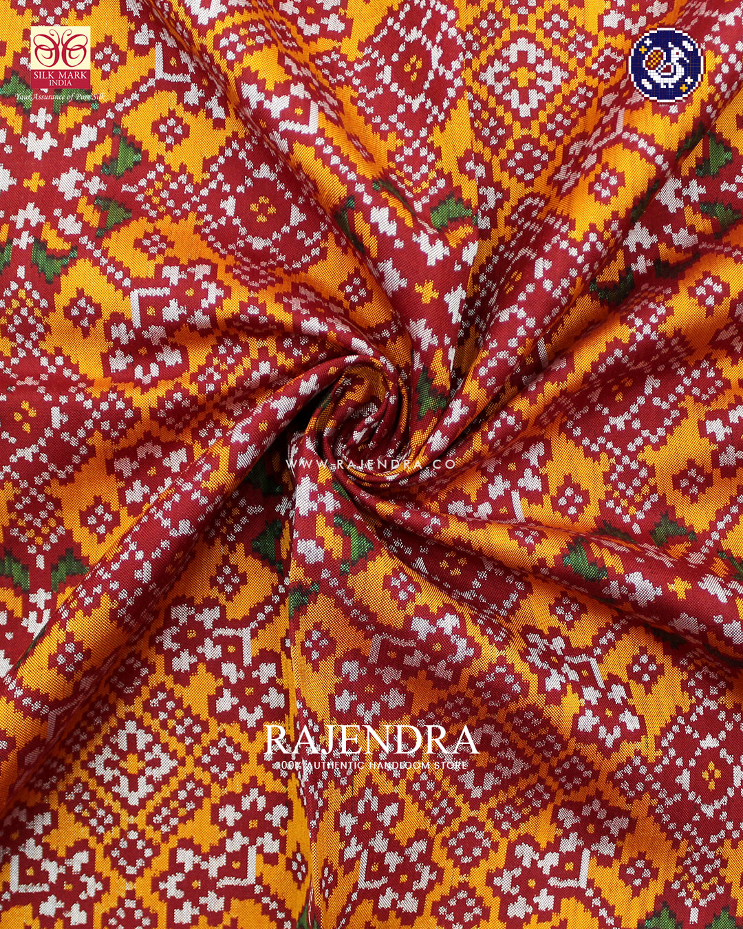 Traditional Navratna Design Red and Orange Ikat Rajkot Patola Saree