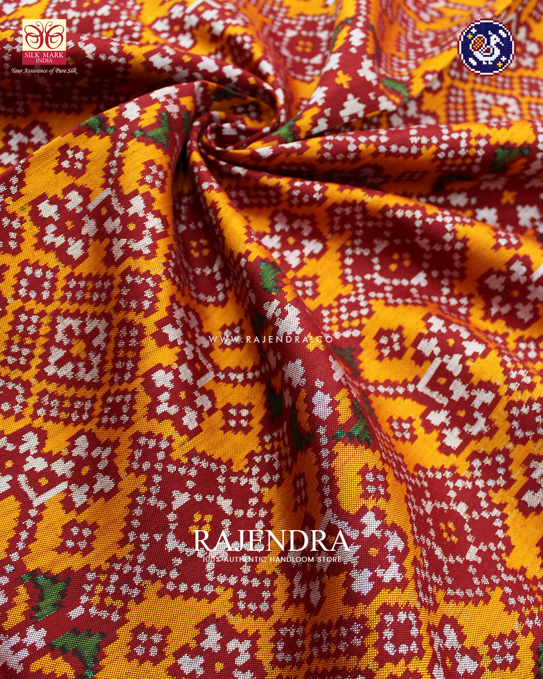 Traditional Navratna Design Red and Orange Ikat Rajkot Patola Saree