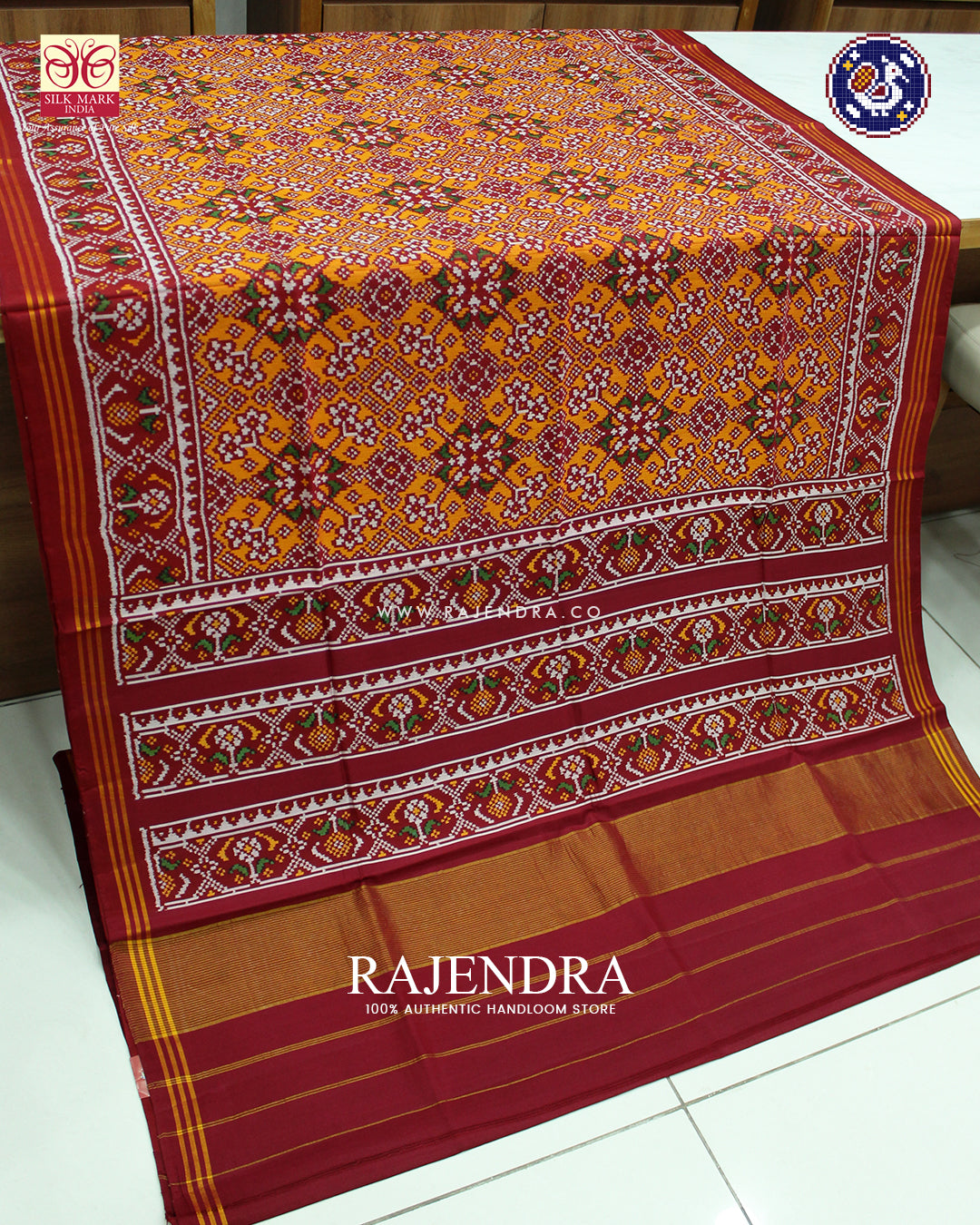 Traditional Navratna Design Red and Orange Ikat Rajkot Patola Saree
