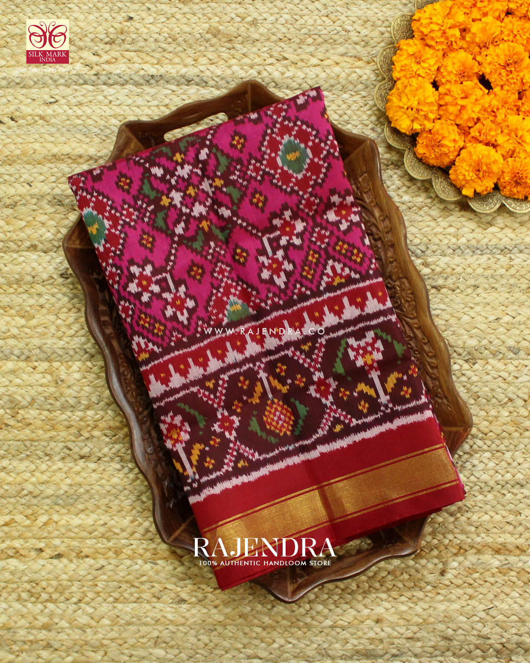 Traditional Navratna Red and Pink Single Ikat Rajkot Patola Saree