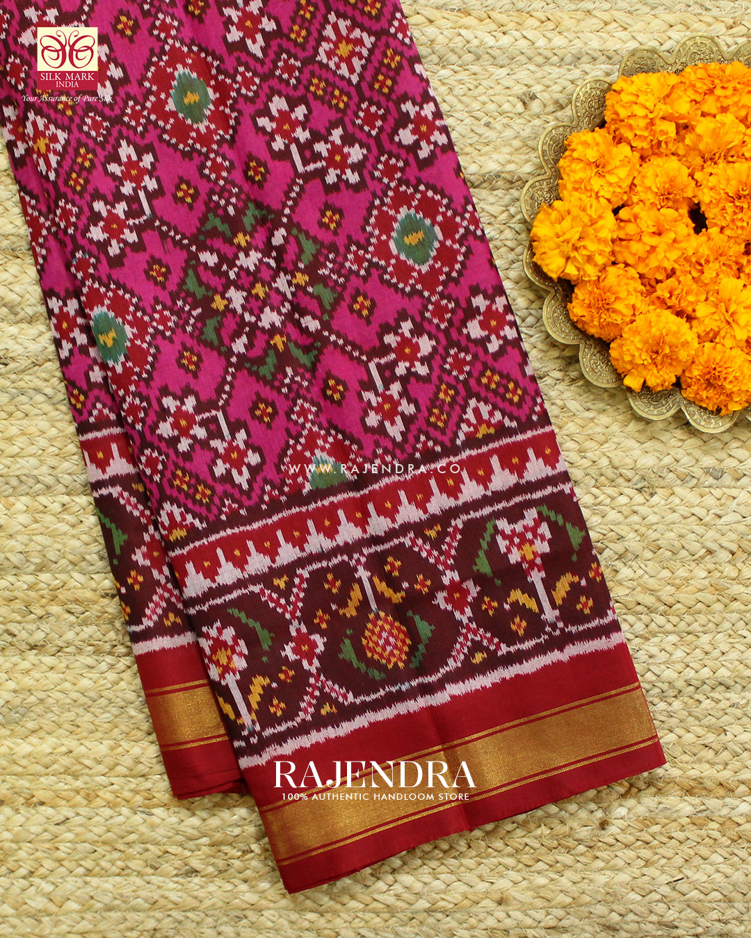 Traditional Navratna Red and Pink Single Ikat Rajkot Patola Saree