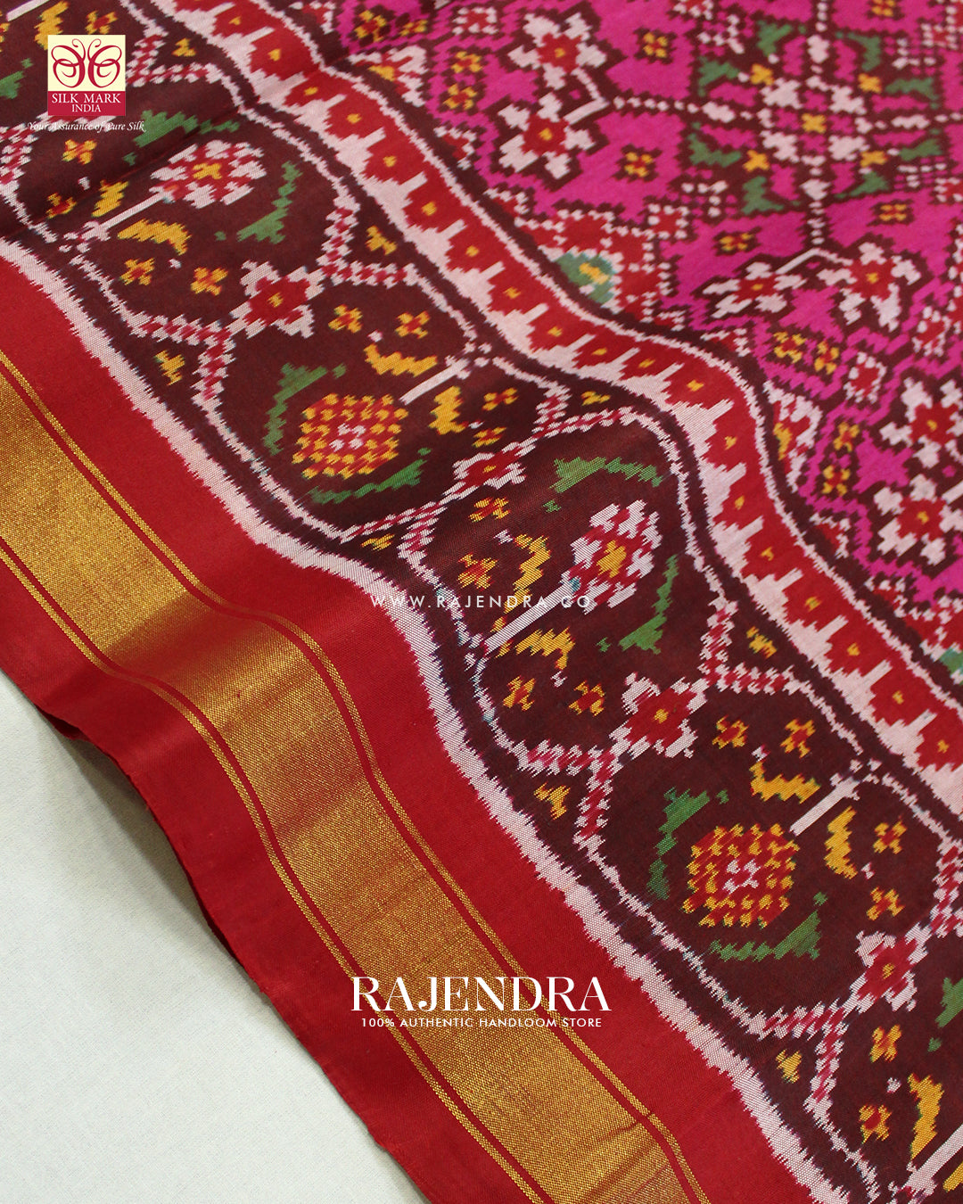 Traditional Navratna Red and Pink Single Ikat Rajkot Patola Saree