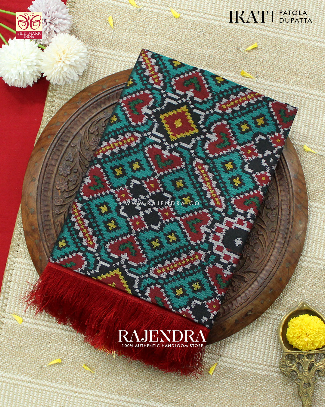 Traditional Manekchowk Red and Seagreen Ikat Rajkot Patola Dupatta