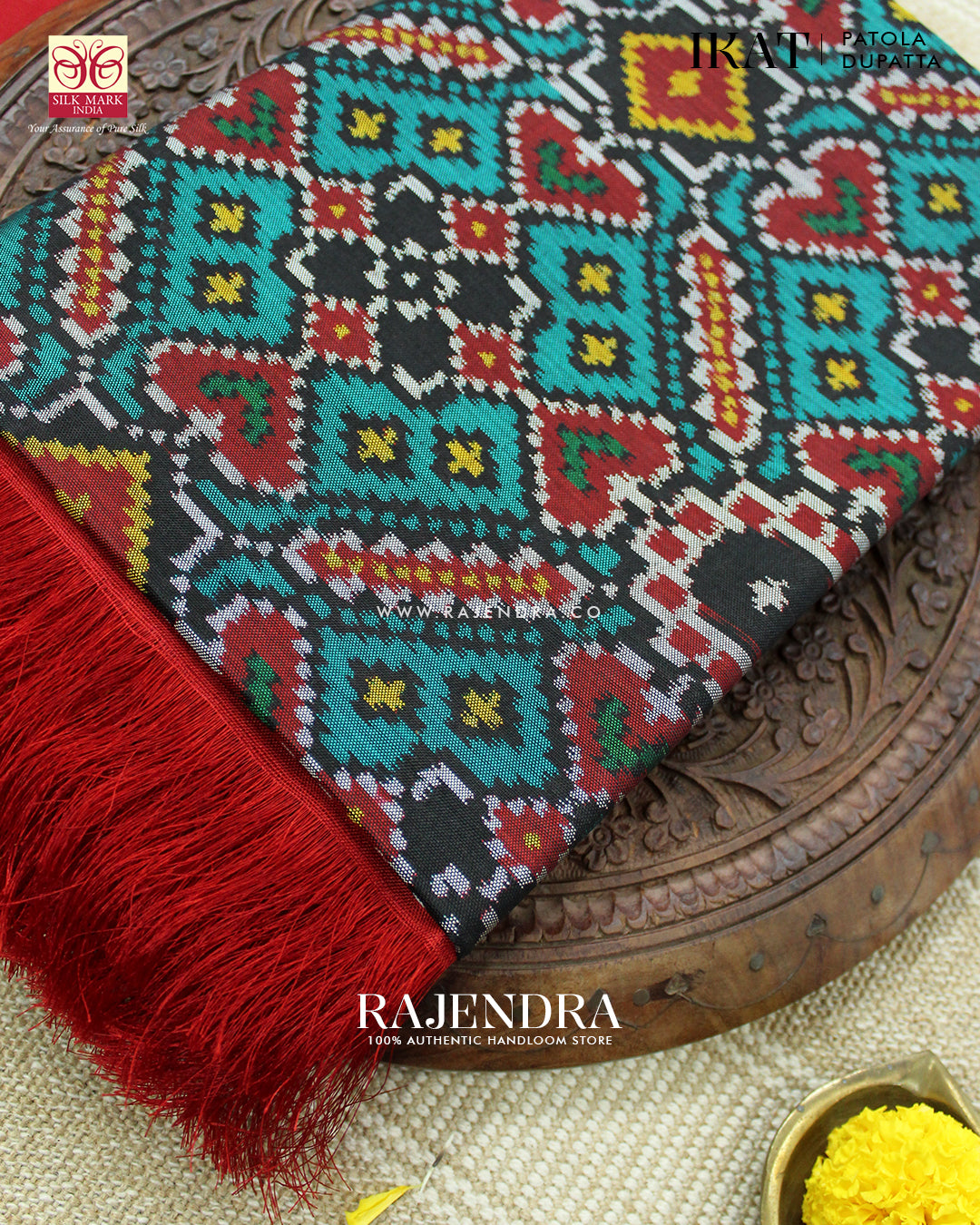 Traditional Manekchowk Red and Seagreen Ikat Rajkot Patola Dupatta