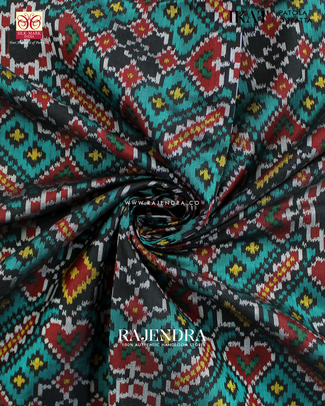 Traditional Manekchowk Red and Seagreen Ikat Rajkot Patola Dupatta