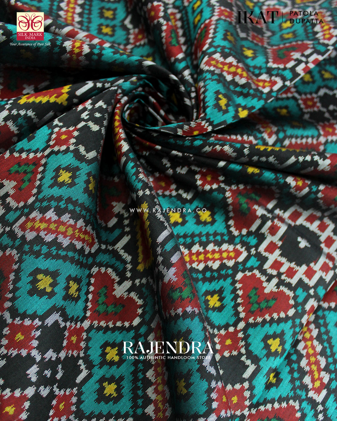 Traditional Manekchowk Red and Seagreen Ikat Rajkot Patola Dupatta