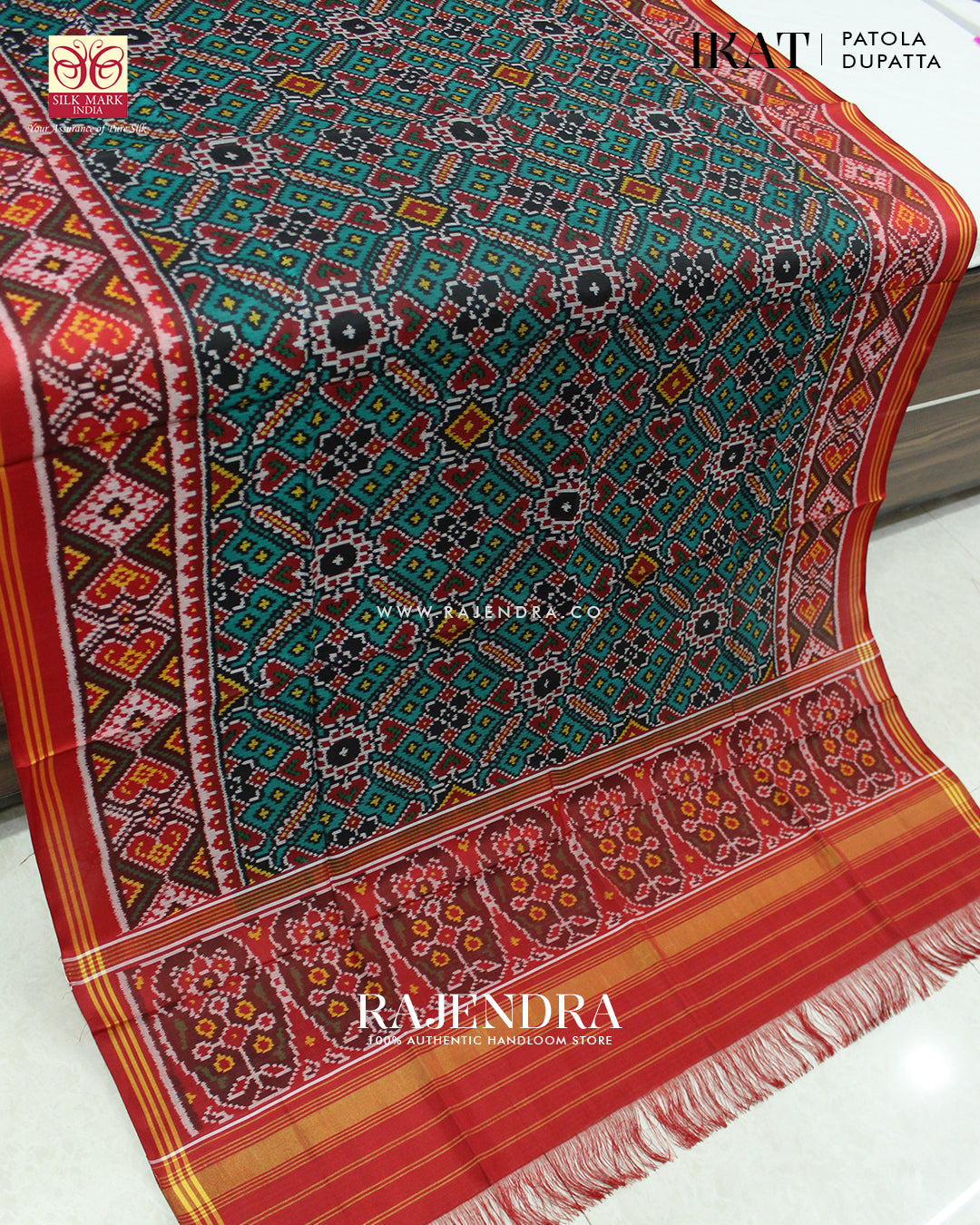 Traditional Manekchowk Red and Seagreen Ikat Rajkot Patola Dupatta