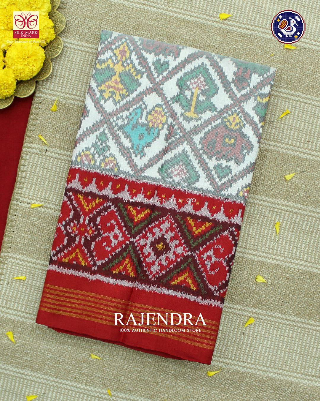 Traditional Hathi Popat Red and White Ikat Rajkot Patola Saree