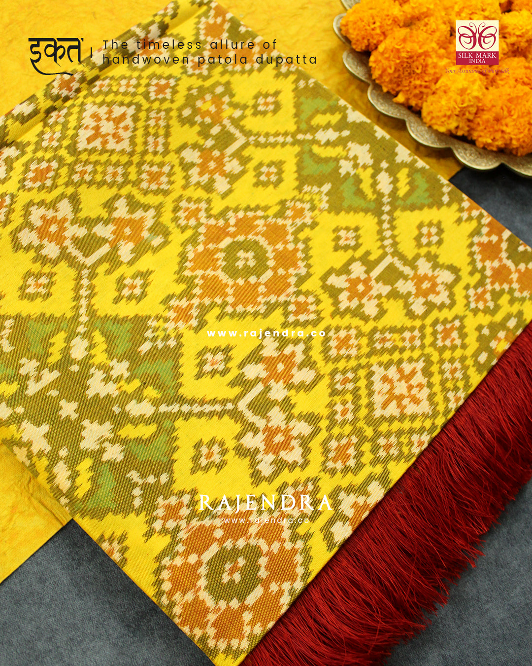 Traditional Navratna Red Yellow Ikat Rajkot Patola Dupatta