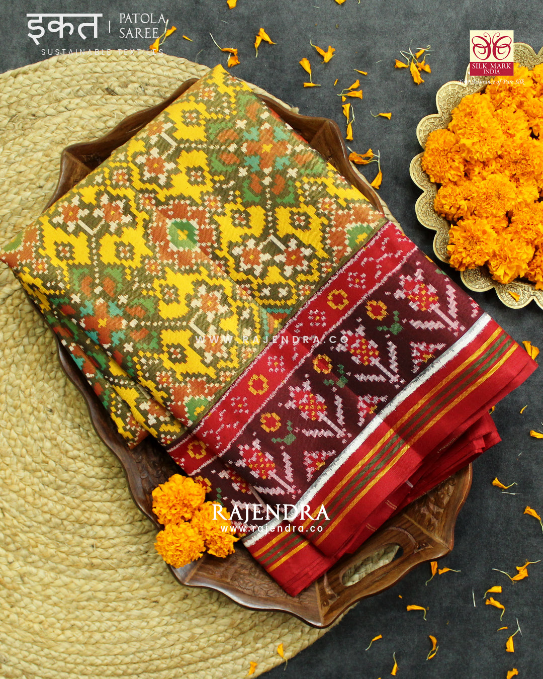 Traditional Navratna Design Red and Yellow Semi Double Ikat Rajkot Patola Saree