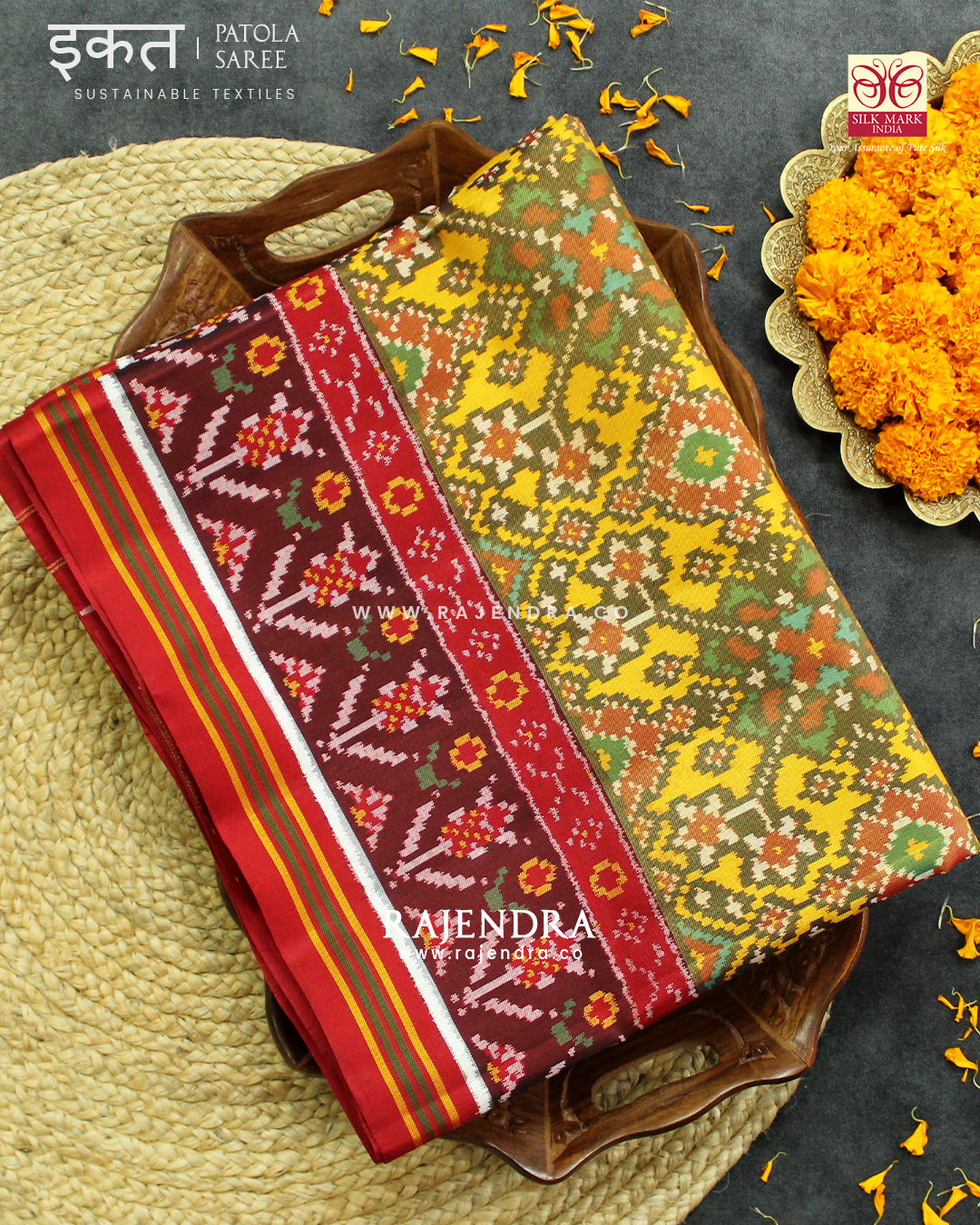 Traditional Navratna Design Red and Yellow Semi Double Ikat Rajkot Patola Saree