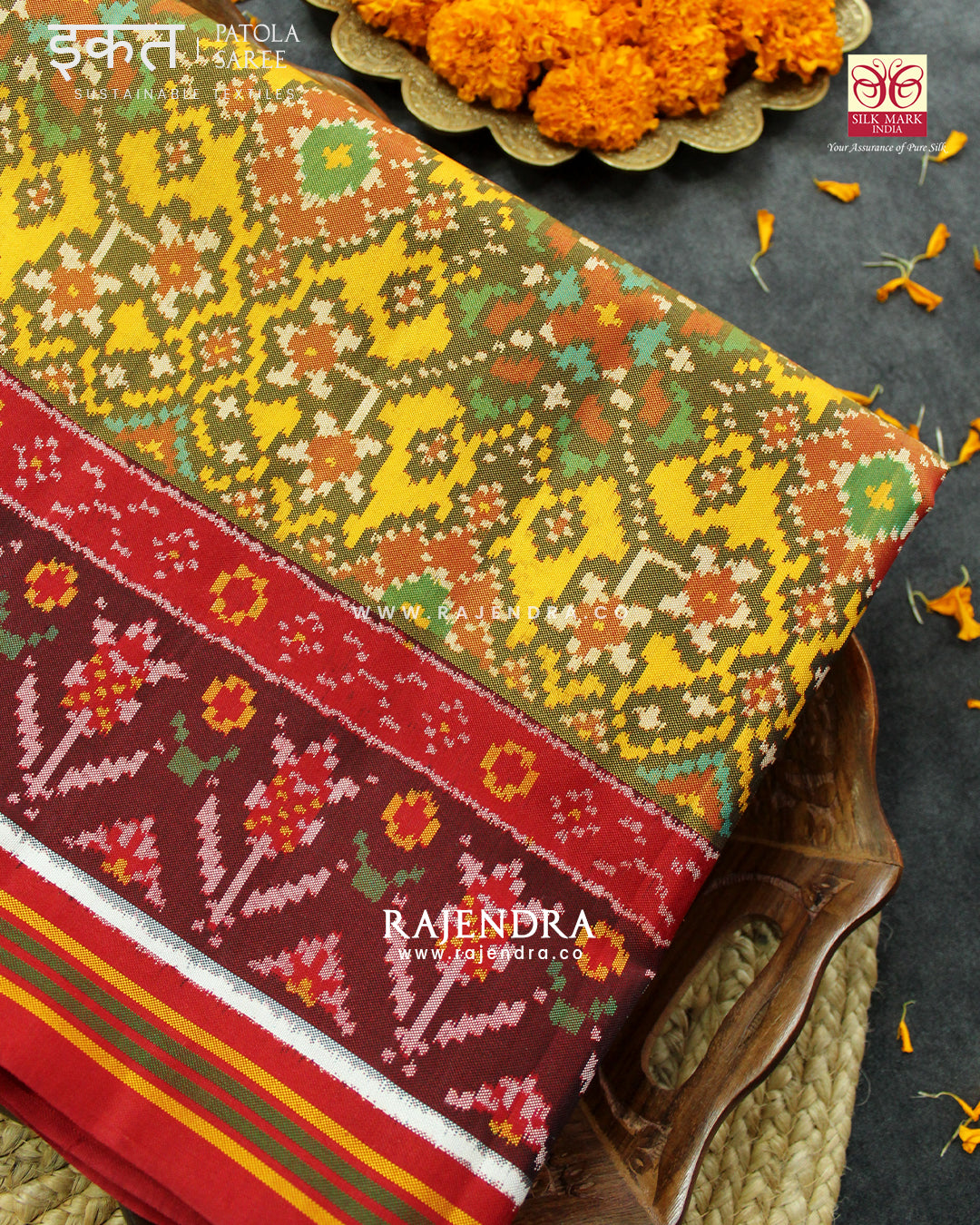 Traditional Navratna Design Red and Yellow Semi Double Ikat Rajkot Patola Saree