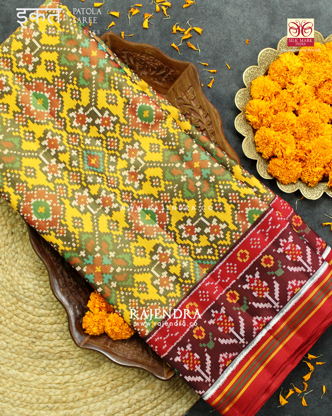 Traditional Navratna Design Red and Yellow Semi Double Ikat Rajkot Patola Saree