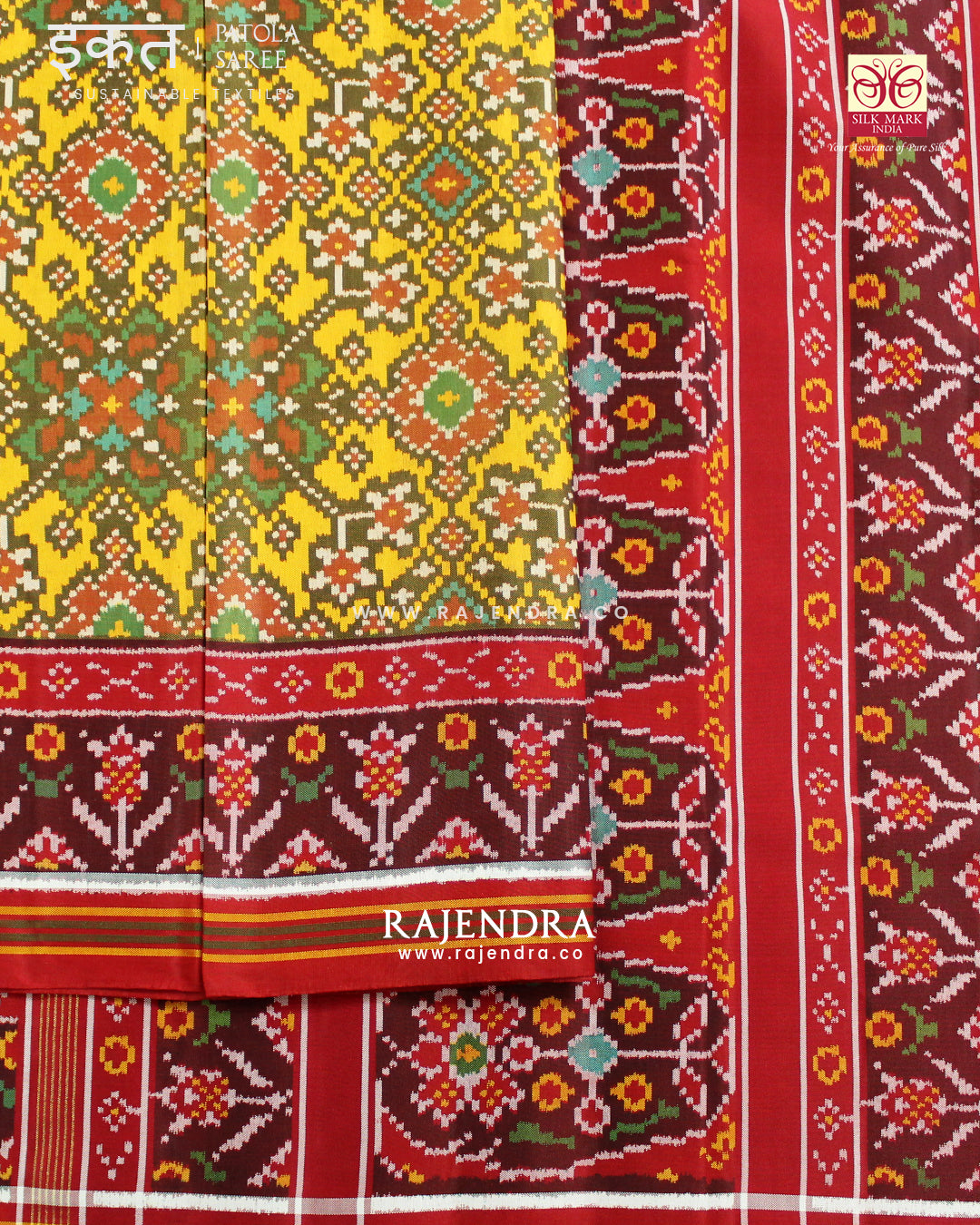 Traditional Navratna Design Red and Yellow Semi Double Ikat Rajkot Patola Saree
