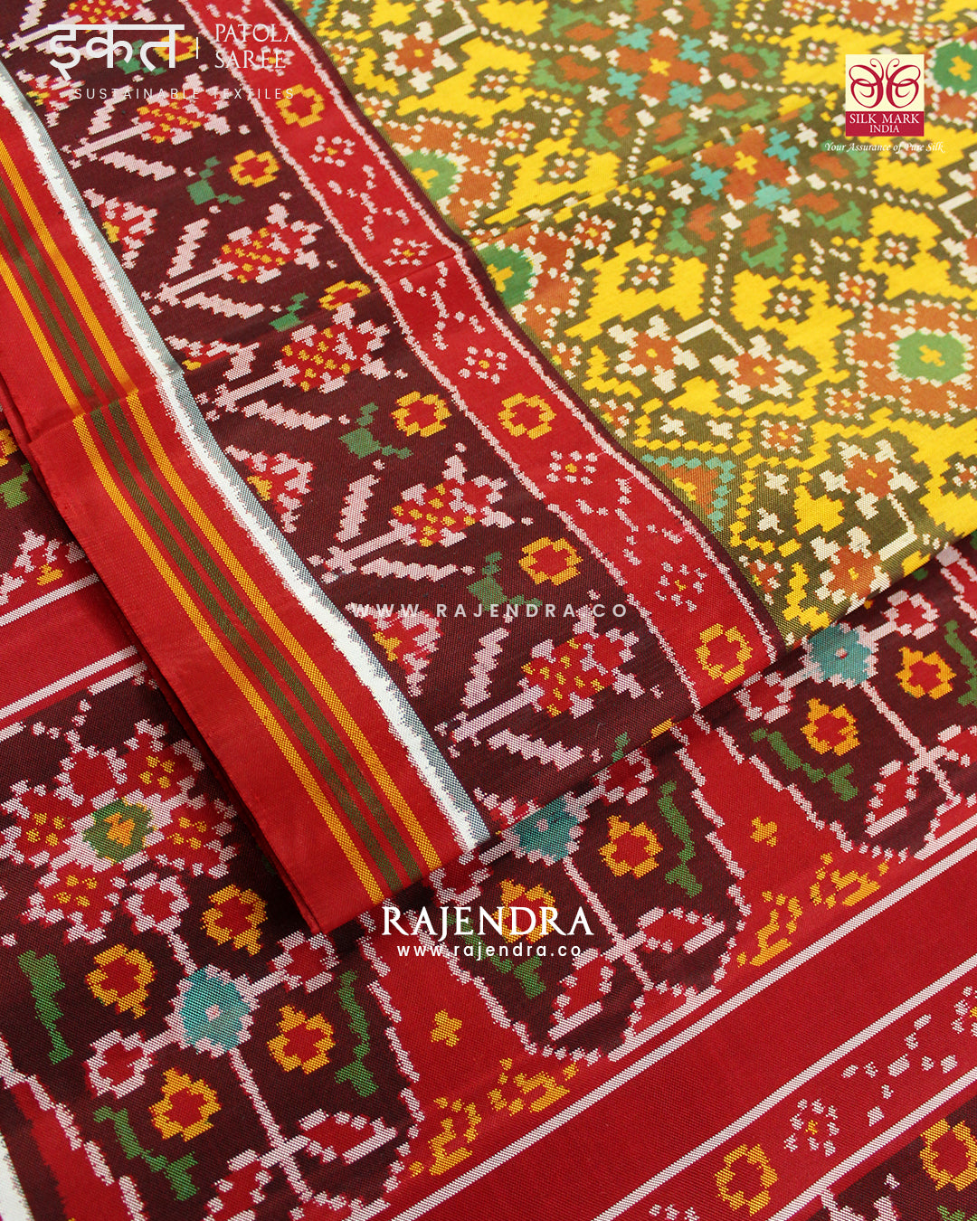 Traditional Navratna Design Red and Yellow Semi Double Ikat Rajkot Patola Saree
