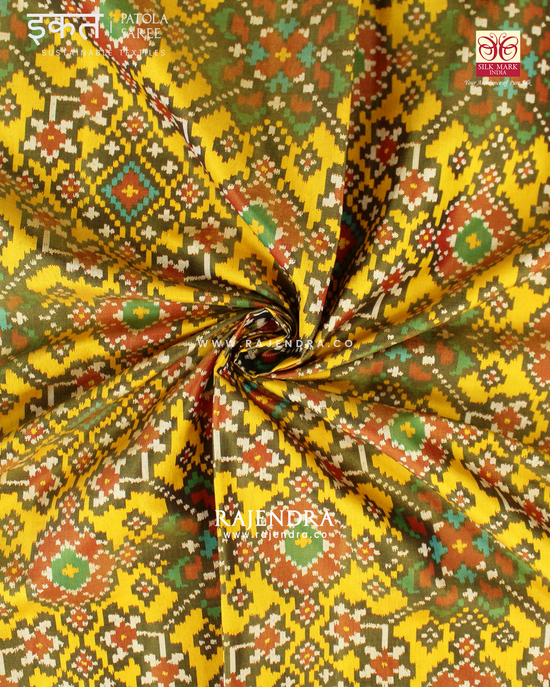 Traditional Navratna Design Red and Yellow Semi Double Ikat Rajkot Patola Saree