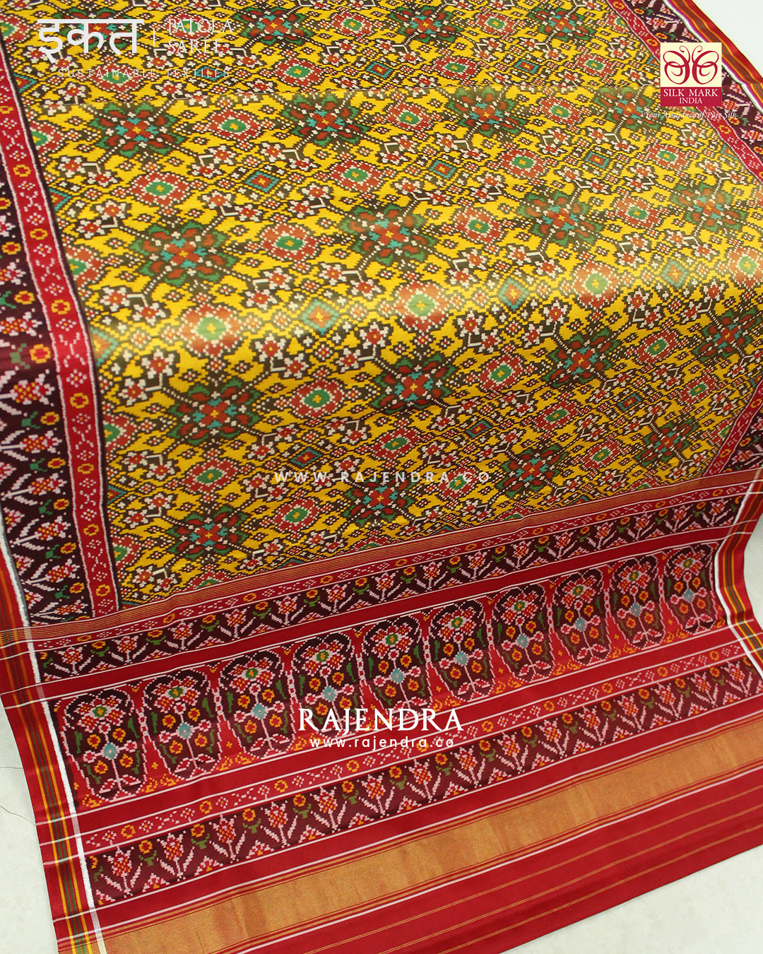 Traditional Navratna Design Red and Yellow Semi Double Ikat Rajkot Patola Saree