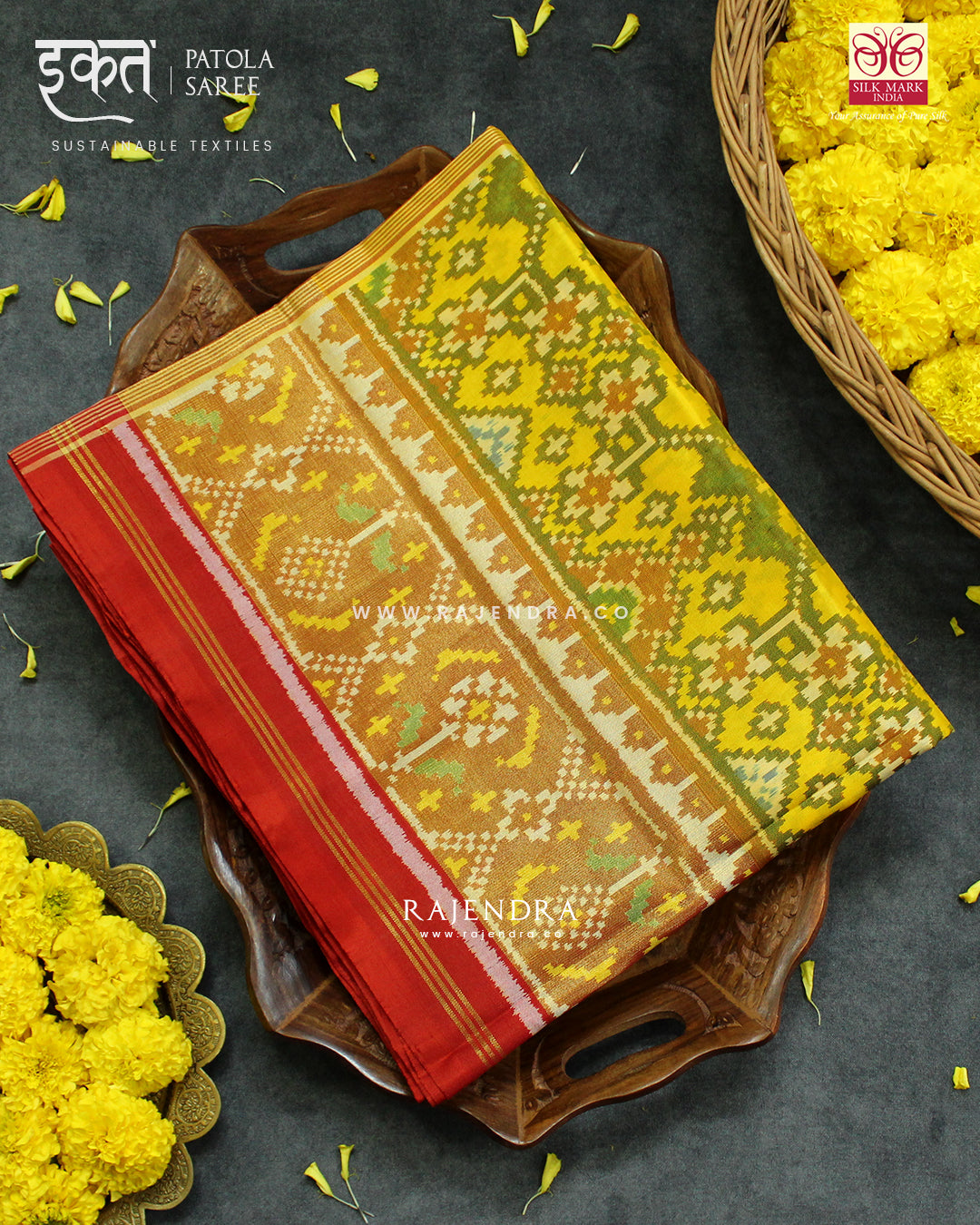 Traditional Navratna Design Red and Yellow Single Ikat Rajkot Patola Saree