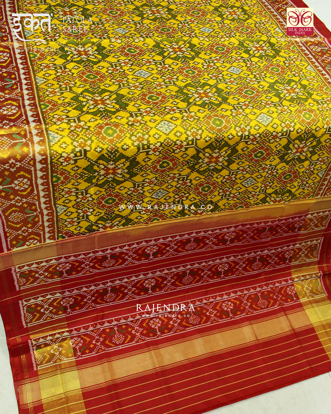 Traditional Navratna Design Red and Yellow Single Ikat Rajkot Patola Saree