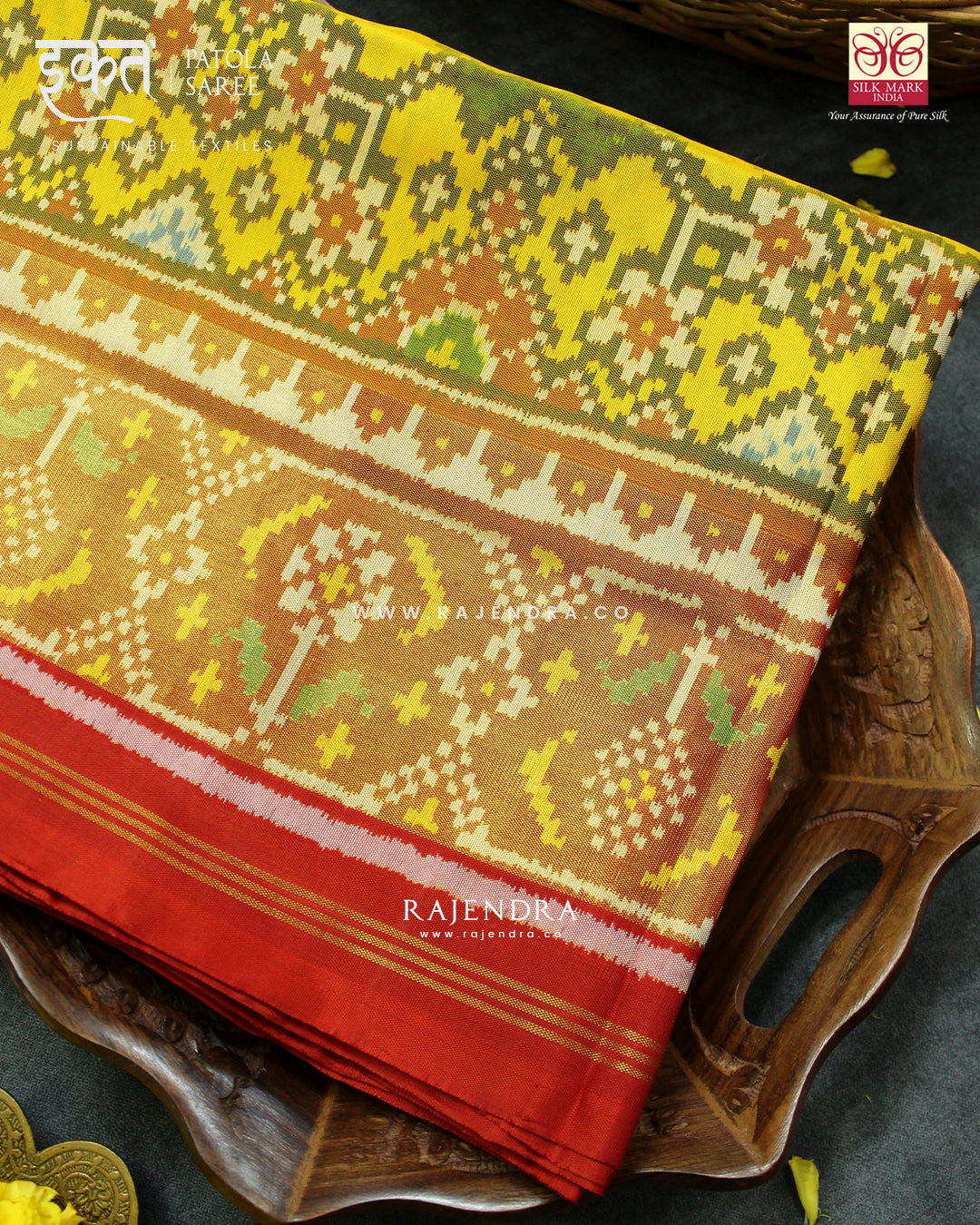 Traditional Navratna Design Red and Yellow Single Ikat Rajkot Patola Saree